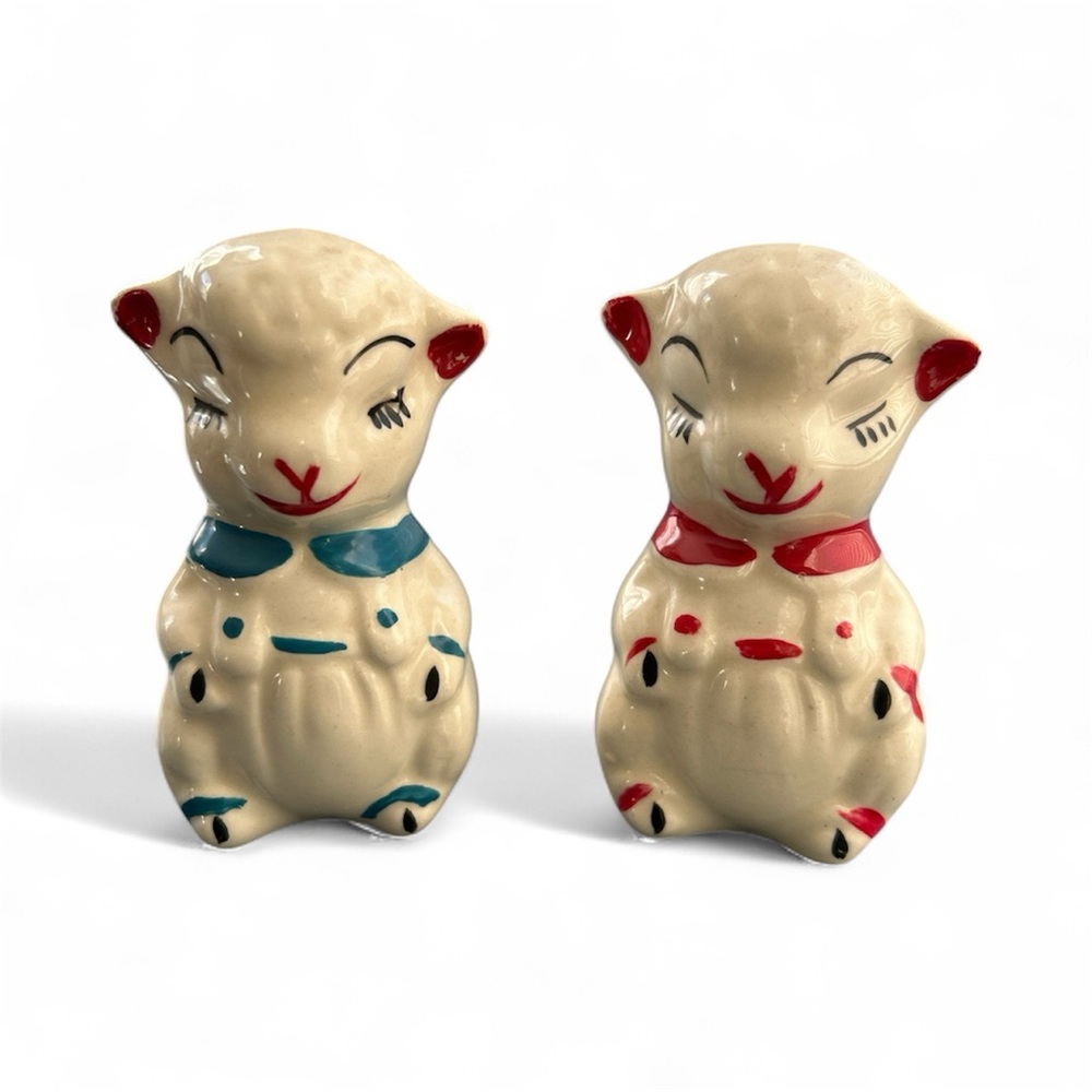 Vintage Lamb S/P Shakers with Red and Blue Accents